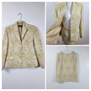 Kasper Skirt Suit Women 16 Green Floral Jacquard 2PC Garden Party Blazer Set